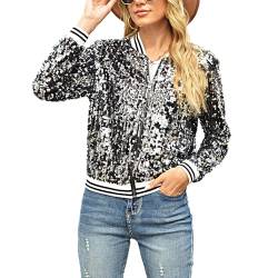 Naimo Damen Glitzer Pailletten Jacke Langarm Offen Reißverschluss Blazer Sparkle Party Festival Metallic Bomberjacke von Naimo