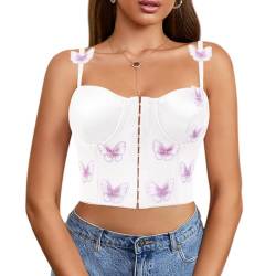 Naimo Damen Schmetterling Bestickte Korsett Push Up Bustier Seide Satin Cami Crop Top Ärmellos Spaghettiträger Tank Top von Naimo