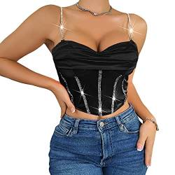 Naimo Damen Strass Tank Top Ärmellos Spaghettiträger Cami Korsett Trägertop Sexy Crop Top Sparkle Weste Satin Oberteile von Naimo