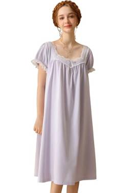 Nanxson Damen Kurzarm Baumwolle Nachtwäsche Viktorianisch Nachthemd Prinzessin Nachtkleid mit Spitze Trim (L,Lila) von Nanxson