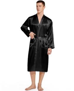 Nanxson Herren Bademantel Satin Morgenmantel V-Ausschnitt Kimono Robe Nachtwäsche mit Bindegürtel (M,Schwarz) von Nanxson