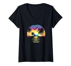 Damen Damen Sonnenuntergang Retro Vintage Sonne Casual Grafik T-Shirt mit V-Ausschnitt von Nature Camping Outdoors Hiking Free Spirit