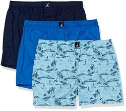 Nautica Herren Cotton Woven 3-Pack Boxers Boxershorts, Spinnerblau/Peacoat/Tropical Scenic Print, X-Large von Nautica