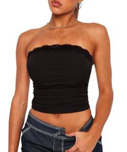 Navneet Bandeau Top Damen Crop Top Spitzen Oberteile Schulterfrei Y2K Tube Tops Trägerlos Tshirt Sommer Sexy Coquette Schwarz L von Navneet