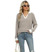 Nebelmeer Strickpullover Herbst-Winter-Farbenblock Frauenmode mit umgeschlagenem Kragen, langärmeliges, lockeres T-Shirt für Frauen von Nebelmeer