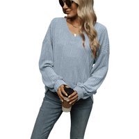 Nebelmeer Strickpullover Herbst- und Winteroberteil aus reiner Farbe mit V-Ausschnitt, lockerem, lässigem, langärmeligem T-Shirt für Frauen von Nebelmeer