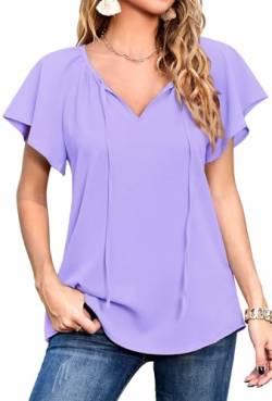 Neineiwu Damen Bluse Elegant V-Ausschnitt Kurzarm Lose Drawstring Damenblusen Oberteile Damen blusenrock Longbluse Damen lässig für leggings Damen Bluse langarm tshirt Damen,Purple,XXL von Neineiwu