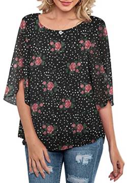 Neineiwu Damen Chiffon-Bluse mit U-Ausschnitt, locker, 3/4-Ärmel, Top, Rote Blume/weiße Punkte, Groß von Neineiwu