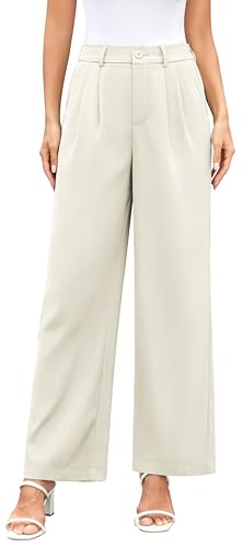 Neineiwu Hosen Damen Weites Bein Bequeme Leichte Lässige Anzughose Hosen Freizeithose Hight Waist Geradem Sommerhose mit Taschen, Knopfleiste,Damen Sommerhosen leicht Trousers for Women,Beige,L von Neineiwu