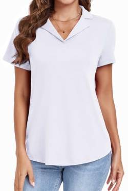 Neineiwu Poloshirt Damen Kurzarm V-Ausschnitt Sommer Oberteile Business Shirt,White,2XL von Neineiwu