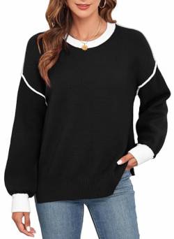 Neineiwu Pullover Damen Gestreifte Pullover Damen Strickpullover Rundhals Lose Langarm Herbst Winter Pulli,Schwarz,S von Neineiwu