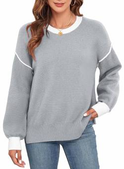 Neineiwu Pullover Damen Gestreifte Pullover Damen Strickpullover Rundhals Lose Langarm Herbst Winter Pulli,hellgrau,S von Neineiwu