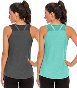 Damen Yoga Fitness Tank Top Locker Mädchen Sportshirt Training Jogging Running Shirt Ärmelloses Mesh Zurück Sportbekleidung Grau Grün S, 2er Pack von Nekosi