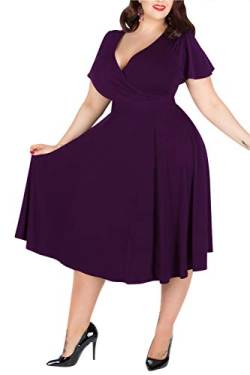 Nemidor Damen V-Ausschnitt Stretch Casual Midi Übergröße Brautjungfer Vintage Kleid NEM073, 133 + Dunkelviolett, 52 Mehr von Nemidor