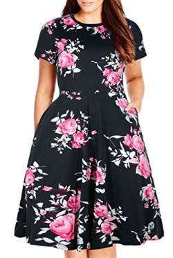 Nemidor Damen Rundhalsausschnitt-Sommer-beiläufiges Plus Size-Sitz und Aufflackern Midi-Kleid mit Tasche 22W 143black drucken von Nemidor