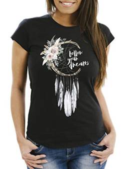 Neverless Damen T-Shirt Traumfänger Dreamcatcher Follow Your Dreams Spruch Blumen Federn Spruch Boho Slim Fit schwarz XL von Neverless