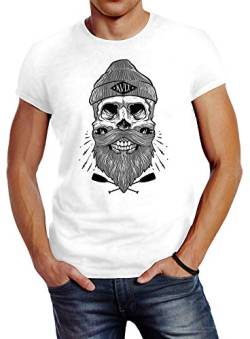 Neverless Herren T-Shirt Captain Skull Beard Totenkopf Bart Kapitän Slim Fit weiß XL von Neverless