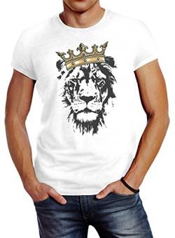 Neverless Herren T-Shirt König der Tiere Löwen-Kopf mit Krone Slim Fit weiß XL von Neverless