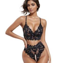 NewBull Sexy Dessous für Damen Set Spitze Mesh Strapse Unterwäsche Transparente Tüll BH mit Schleife + Hohe Taille Ohne Schritt Tanga Babydoll Outfits für Frau Florale Sticken Nachtwäsche (Schwarz, S) von NewBull