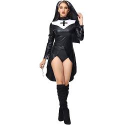 Nhainel Nonne Kostüm Damen Halloween Cosplay Sexy Lackleder Nonnen Uniform mit Kopfdeckung Party Clubwear Cosplay Kostüm von Nhainel