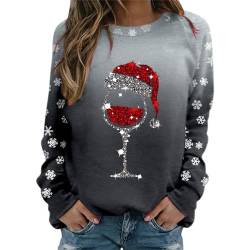 Weihnachts Pullis Damen Weinglas Muster Christmas Sweater Casual Lose Langarmshirt Weihnachtsdruck Xmas Pulli Shirt Frauen Jumper Bluse Tops Longshirt Oberteil Sweatshirts Kapuzenpullover von Nhainel