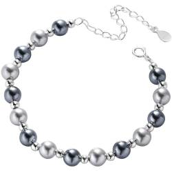 NicoWerk Damen Silberarmband Perle aus 925 Sterling Silber Verspielt Eklatant Glatt Glänzend Blau Grau Rund SAB281 von NicoWerk