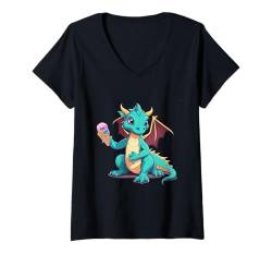 Damen Drache Drachen Eiskrem Eiswaffel Sommerzeit Kinder Kind Baby T-Shirt mit V-Ausschnitt von Niedliche Tiere für Kinder