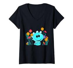 Damen lustig witzig spaßig Baby Drache Drachen Kinder Kind Blumen T-Shirt mit V-Ausschnitt von Niedliche Tiere für Kinder