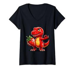 Damen Niedliche T-Rex-Erdbeer-Dinosaurier-Sommerfrucht T-Shirt mit V-Ausschnitt von Niedlicher T-Rex-Dinosaurier mit