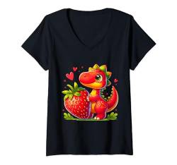 Damen Niedliche T-Rex-Erdbeer-Dinosaurier-Sommerfrucht T-Shirt mit V-Ausschnitt von Niedlicher T-Rex-Dinosaurier mit
