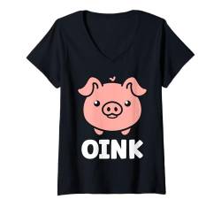 Damen Humor Schweine minimalistisches süßes Oink lustiges Schwein T-Shirt mit V-Ausschnitt von Niedliches Tierschwein , lustiges Schwein