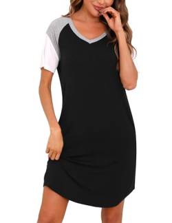 Nieery Nachthemden für Damen kurz Schlafshirt Baumwolle Nachthemd Damen Kurzarm Nachtwäsche kurz Sommer Schlafrock Nachtkleid Big Shirt Schlafkleid V Ausschnitt von Nieery