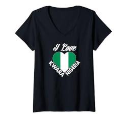 Damen Ich liebe Kwara Nigeria mit nigerianischer Flagge in einem Herzen T-Shirt mit V-Ausschnitt von Nigeria Teez