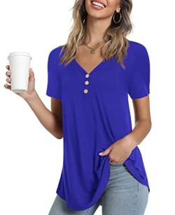 Ninee Damen T-Shirt Kurzarm V-Ausschnitt Tunika Tops Elegant Basic Knopfleiste Bluse (Royal Blue,3X-Large) von Ninee