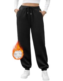 Niwicee Damen Gefütterte Jogginghose Fleece Freizeithose Warm Thermo Fleecehosen Gefüttert Sporthose, mit 2 Taschen Sweathose Damenhose Sweatpants mit Gummizug Winter Verdickte (Schwarz, L) von Niwicee