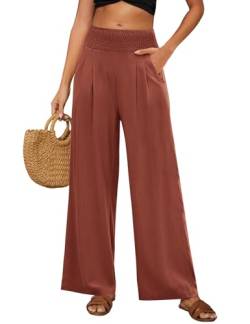 Niwicee Damen Leinenhose Weite Sommerhosen Leicht Fit Trousers High Waist mit Taschen Hosen Trousers Stoffhose Elastischer Bund Damen Einfarbig Lose Gerade Geschnitten (Dunkelrot, XL) von Niwicee