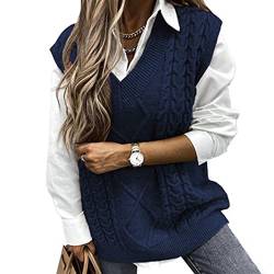 Niwicee Damen PulloverÄrmelloser Weste Pullunder V Ausschnitt Pullover Strickweste Winter Herbst Ärmelloser Strickpullover Armellos Oversize Strickpullover Warm-Dunkelblau-M von Niwicee