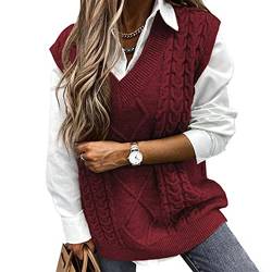 Niwicee Damen PulloverÄrmelloser Weste Pullunder V Ausschnitt Pullover Strickweste Winter Herbst Ärmelloser Strickpullover Armellos Oversize Strickpullover Warm-Rot-L von Niwicee