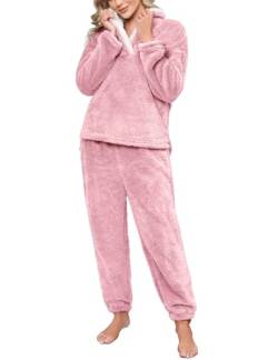 Niwicee Schlafanzug Damen Lang Pyjama Damen 2-Set, Hausanzug Damen Kuschelig Weich Nachtwäsche Sleepwear Pyjamahose,Polar Fleece Oberteile Hosen Warm Anzug Lose Freizeitanzug Mit Tasche (Rosa,XL) von Niwicee