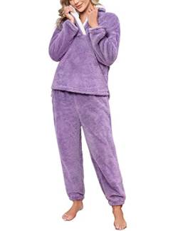 Niwicee Schlafanzug Damen Lang Pyjama Damen 2-set, Hausanzug Damen Kuschelig Weich Nachtwäsche Sleepwear Pyjamahose,Polar Fleece Oberteile Hosen Warm Anzug Lose Freizeitanzug Mit Tasche-A-Grau-L von Niwicee