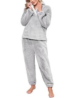 Niwicee Schlafanzug Damen Lang Pyjama Damen 2-set, Hausanzug Damen Kuschelig Weich Nachtwäsche Sleepwear Pyjamahose,Polar Fleece Oberteile Hosen Warm Anzug Lose Freizeitanzug Mit Tasche-A-Grau-XXL von Niwicee