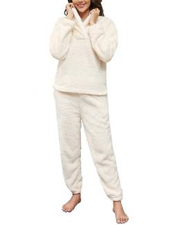 Niwicee Schlafanzug Damen Lang Pyjama Damen 2-set, Hausanzug Damen Kuschelig Weich Nachtwäsche Sleepwear Pyjamahose,Polar Fleece Oberteile Hosen Warm Anzug Lose Freizeitanzug Mit Tasche-Champagner-M von Niwicee