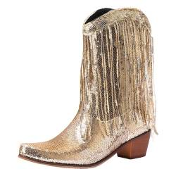 Nlaayong Glitzery Franse Cowboy Stiefel Sparkly Quasten Cowgirl Stiefel Clubwear Bling Mid Calf Western Stiefel von Nlaayong