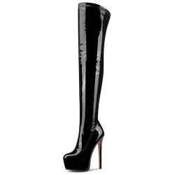 NobleOnly Damen Hoher High Stiletto Absatz Heel Runde Zehenkappe Plateau Plattform Überknie Stiefel Reißverschluss Abschlussball Party Stiefel 15 CM Heels Schwarz 35 EU von NobleOnly