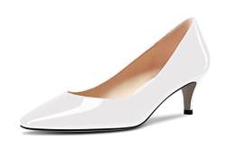 NobleOnly Damen Niedrige Kitten Absatz Heel Geschlossene Eckige Zehenkappe Slip-on Pumps Klassisch Cute Dress Hochzeit Party Schuhe 5 cm Heels Weiß 42 EU von NobleOnly