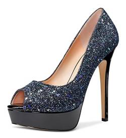 NobleOnly Damen Plattform Peep-Toes Pumps 13CM Stilettos High Heels Schwarz Glitter Schuhe EU40 von NobleOnly