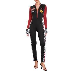 Nokiwiqis Damen Sexy Racer Kostüm Langarm Rennwagen Kostüm für Erwachsene Slim Fit Rennfahrer Overall für Halloween Cosplay Karneval Fasching Party (Schwarz, L) von Nokiwiqis