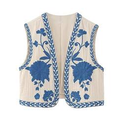 Nokiwiqis Damen Y2k Floral Bestickte Weste Top Vintage Open Front Boho Cardigan Gilet Casual Ärmellos Cropped Weste Oberbekleidung (Blau, M) von Nokiwiqis