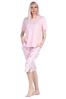 Normann Germany Damen Capri Pyjama mit Rundhals, Ringel OT, ¾ Hose Blumen-Allover, Rosa, 69089, Gr. XL 48/50 von Normann Germany