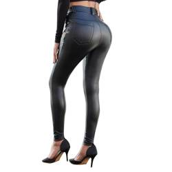 North Bund Damen Kunstleder Thermo Leggings High Waist Lederhose Winter Strumpfhosen Leder Leggins Hose Sexy Stretch Hüfthoch Push Up Treggins Thermoleggins Schwarz XL von North Bund